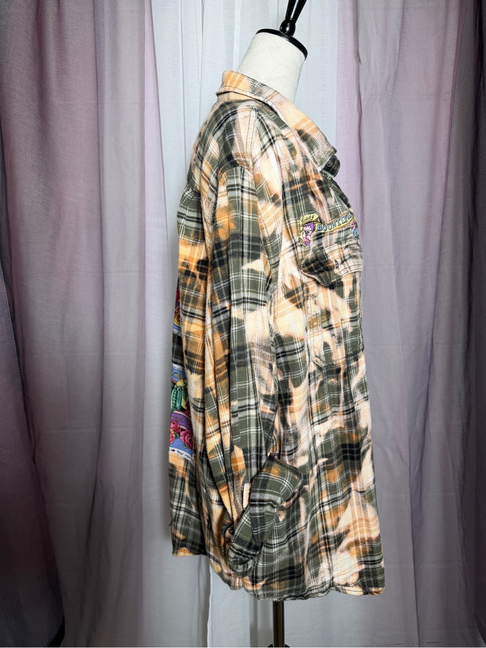 Up-cycled Plaid Flannel Shirt with Vintage Garden Graphic Patch Back - Picture 5 of 10